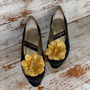 Impo Black Heels with Gold Floral Accent